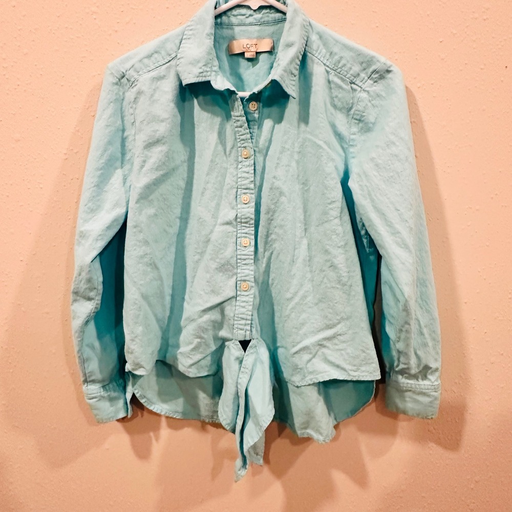 LOFT Women's Light Blue Collared Tie Front Button Down‎ Shirt Size S Formal Work